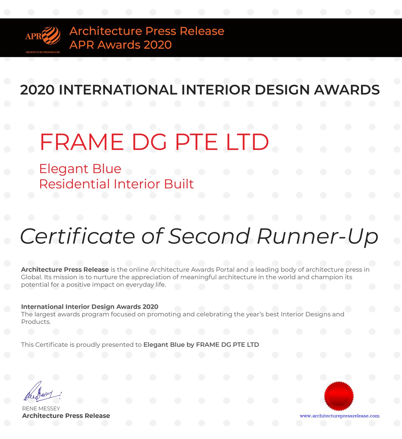 APR Awards certificate